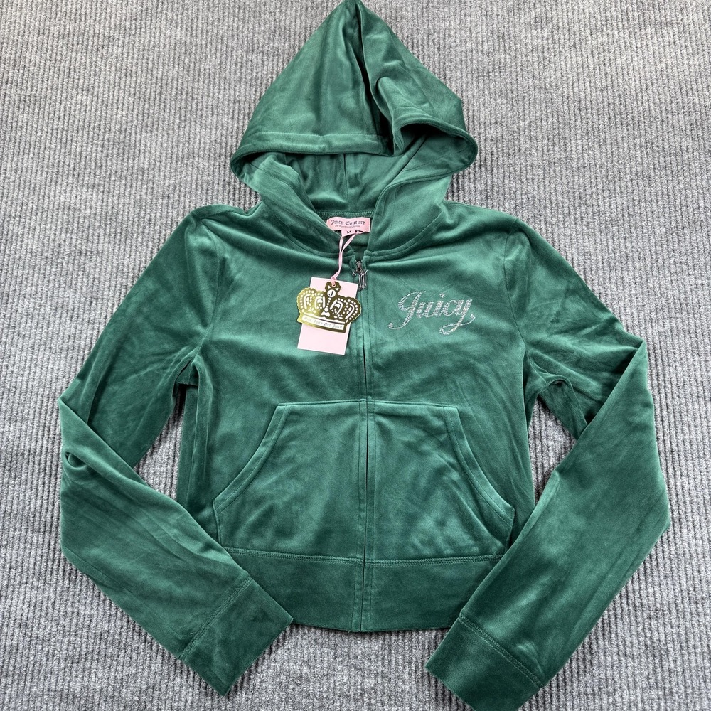 Juicy Couture Hoodie Womens Medium Evergreen Velour Full Zip Rhinestone Logo New